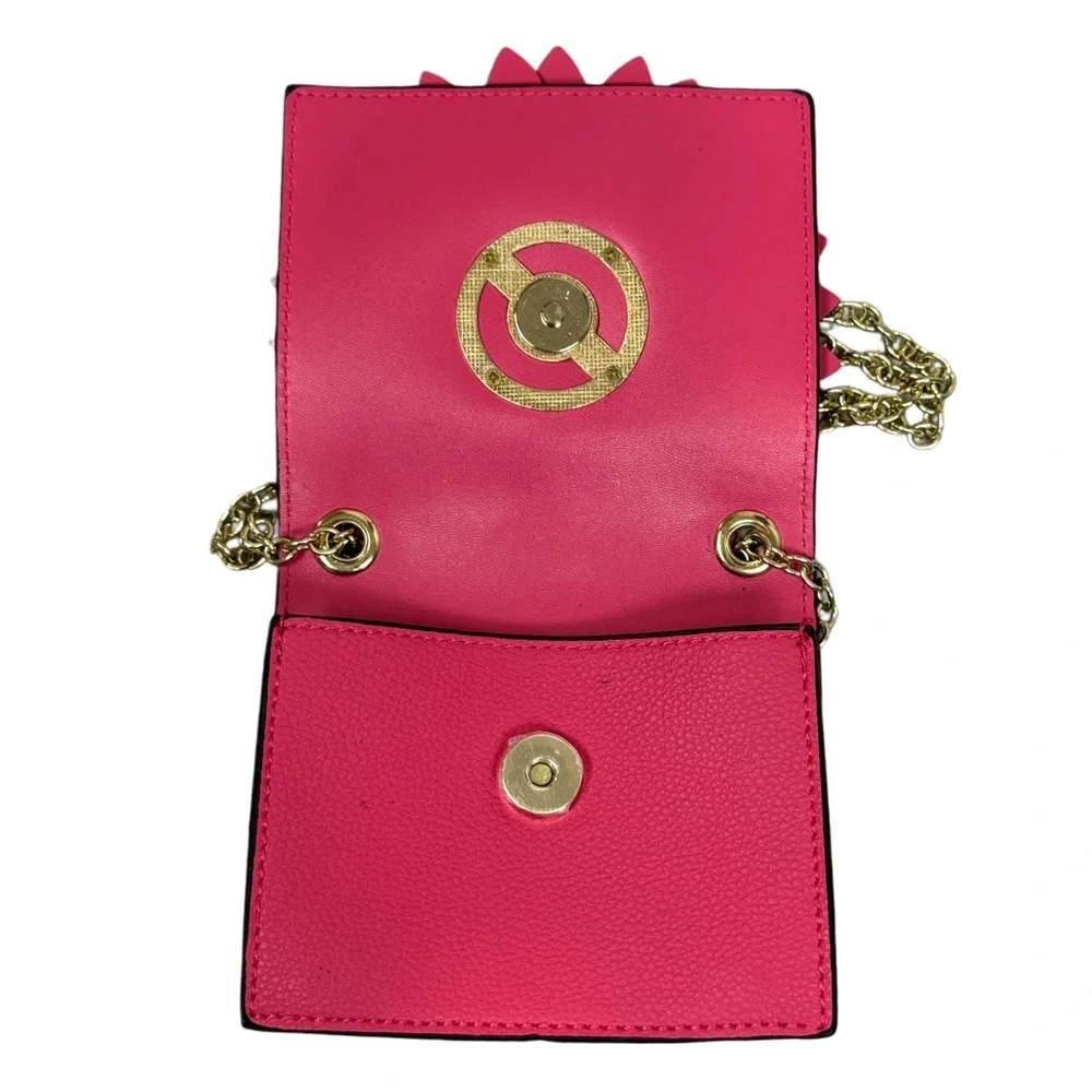 Pink Micro Purse Large Flower Embellishment Gold Accents, “E”  And Chain 5x4” - Picture 5 of 12